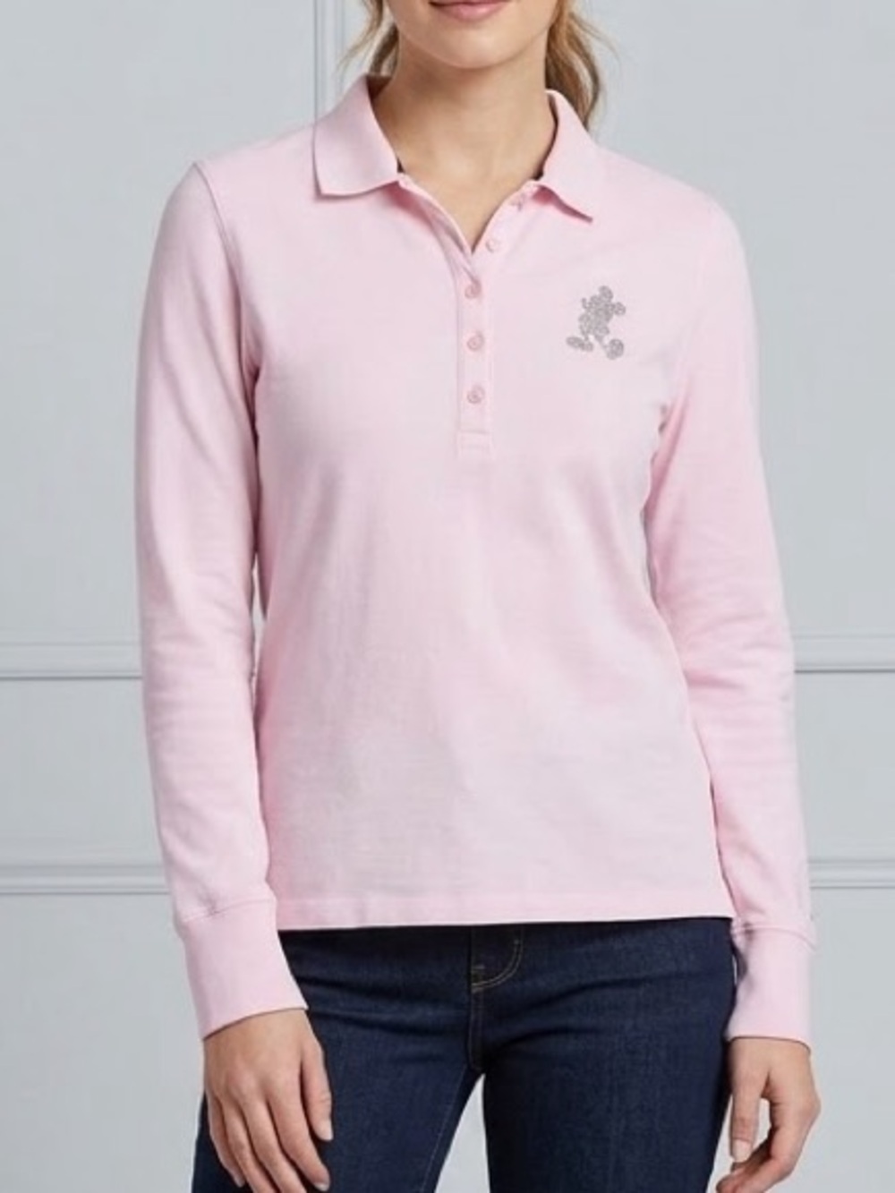 Disney World Mickey Mouse Pink Long-Sleeve Polo Top with Embroidered Character